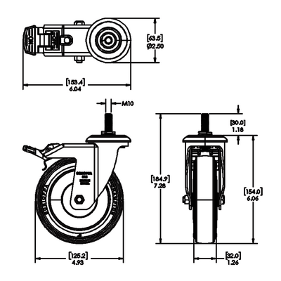 31-SM10D5-7 MODULAR SOLUTIONS CASTER 5" SWIVEL, M10 STEM W/LOCK